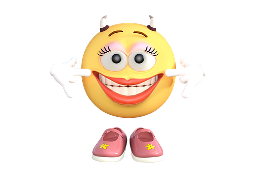 A Yellow Smiley Face With Horns And White Gloves PNG