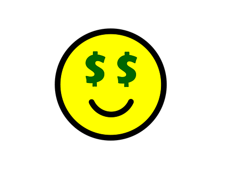 A Yellow Smiley With Green Dollar Signs PNG