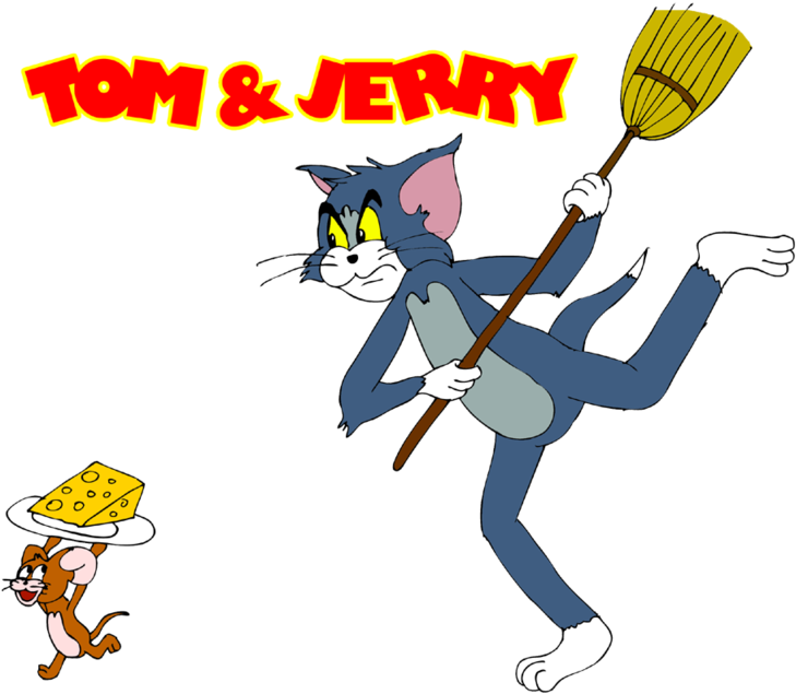 Cartoon Cat Holding A Broom And Mouse PNG