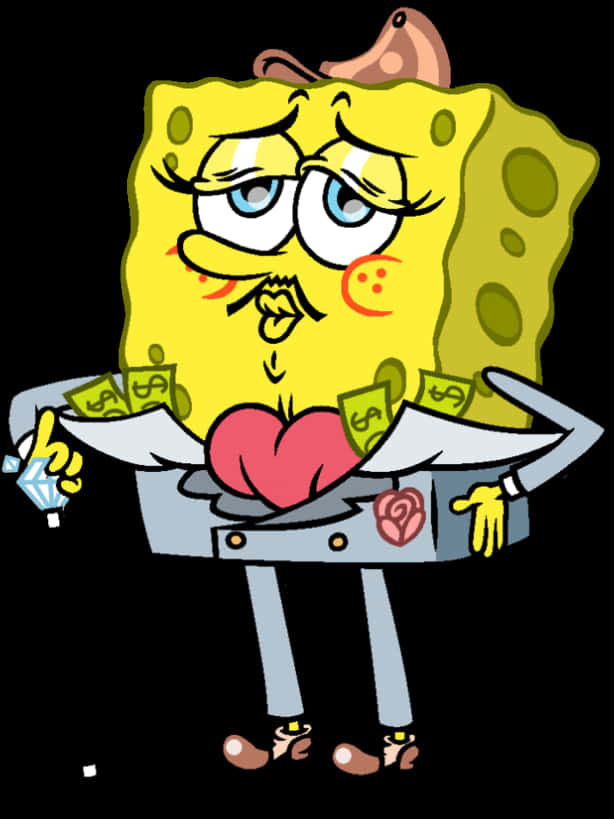 Cartoon Character Of A Yellow Sponge With Money In A Jacket