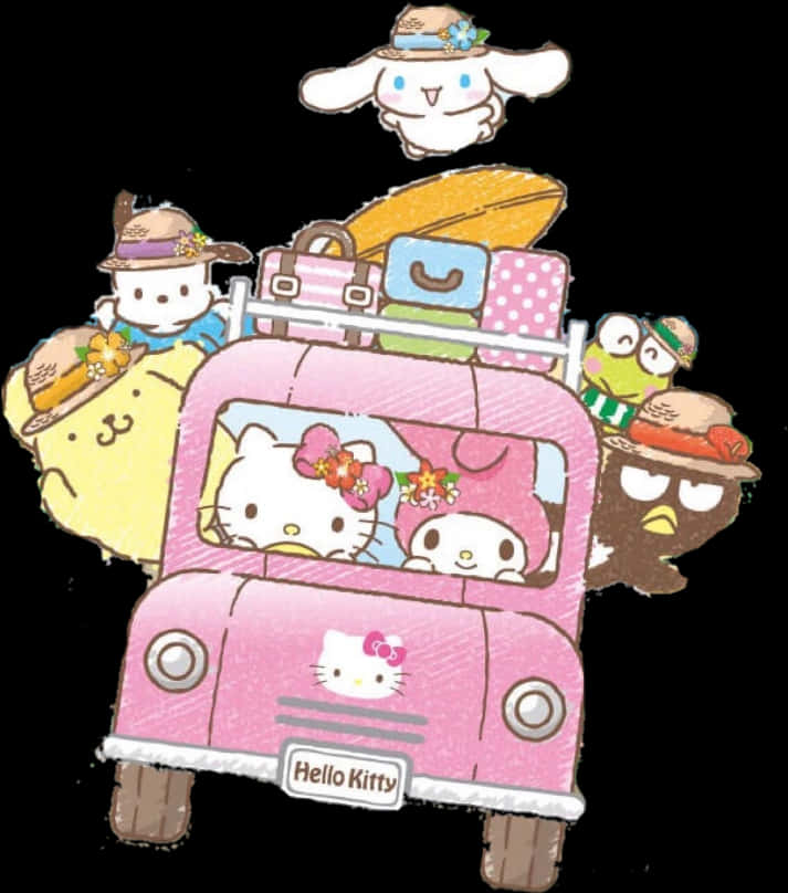 Cartoon Characters In A Pink Car PNG