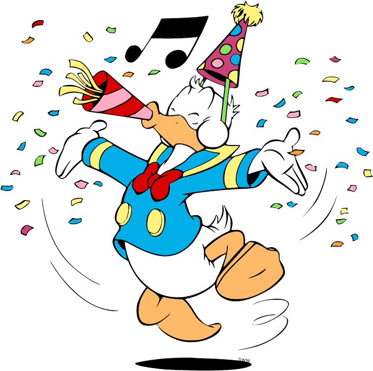 Cartoon Duck With Party Hat And Confetti PNG