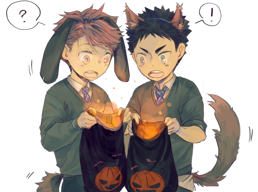 Cartoon Of Two Boys With Ears And Tail Holding Halloween Bags PNG