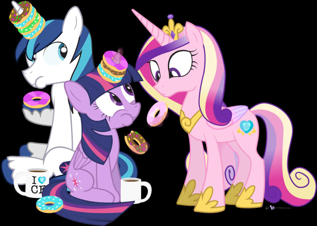 Cartoon Pony Characters With Donuts And A Cup Of Coffee PNG